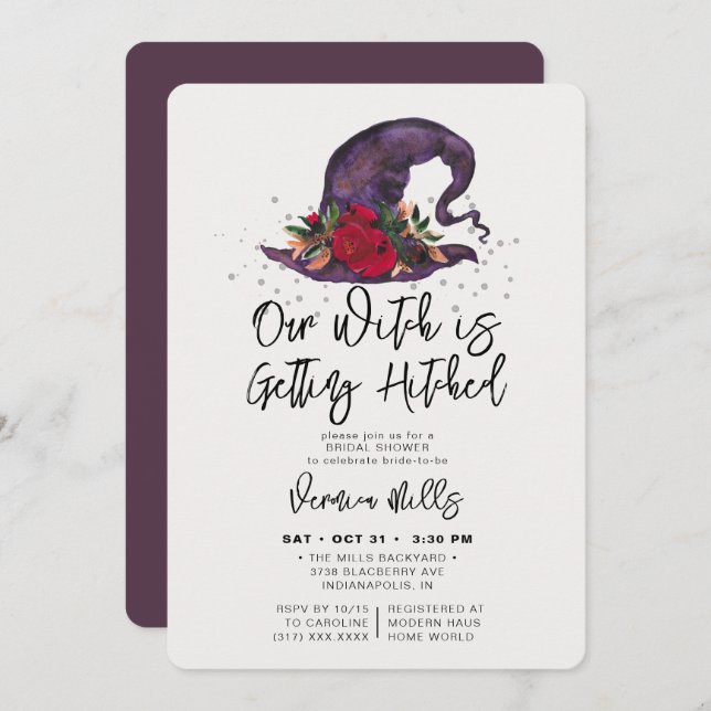 Invitation Fête des mariées d'Halloween pourpre hachée sorciè (Devant / Derrière)