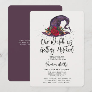 Invitation Fête des mariées d'Halloween pourpre hachée sorciè