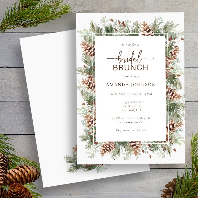 Invitation Fête des mariées d'hiver (Watercolor Pinecone Greenery Holiday Winter Bridal Brunch Shower Invitation by Painted Paperie
)