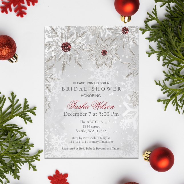 Invitation Fête des mariées d'hiver Silver Red Crystal (Silver Red Crystal Snowflakes Winter Bridal Shower Invitation)