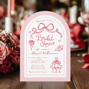 Invitation Fête des mariées d'illustration en blanc rose roug