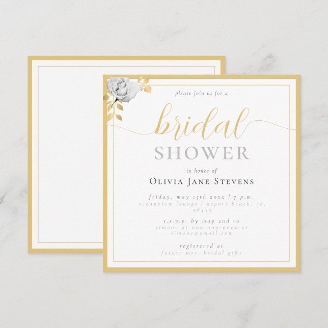 Invitation Fête des mariées dorée noir blanc à cadre classiqu (Devant / Derrière)