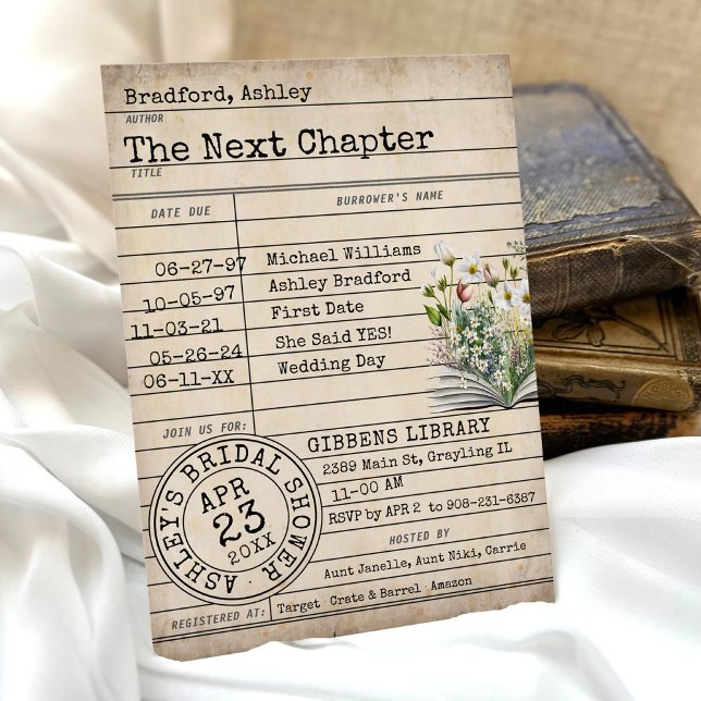 Invitation Fête des mariées du livre Fleur sauvage de la cart (Rustic library card floral books vintage typewriter font The Next Chapter Bridal Shower Invitation)