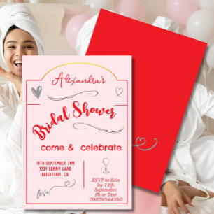 Invitation Fête des mariées Écrite à la main Rouge Coeur rose