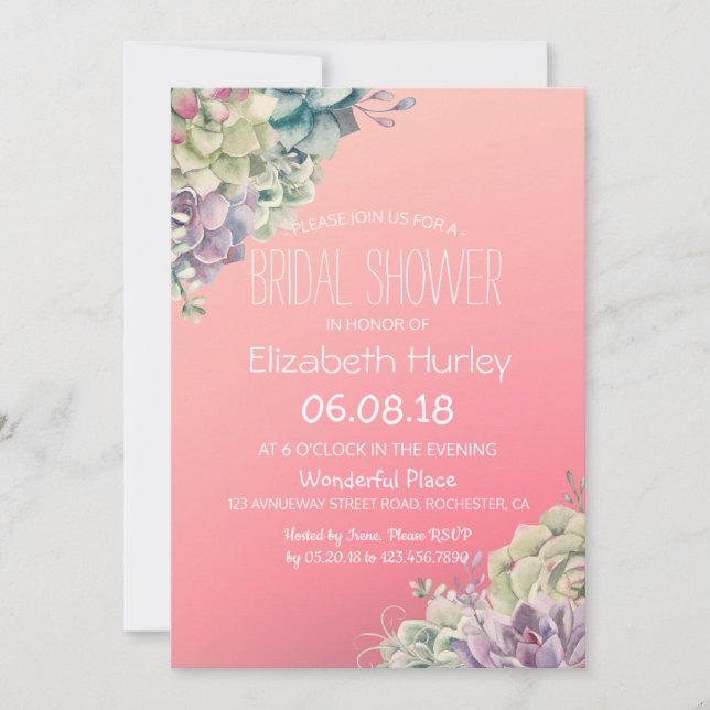 Invitation Fête des mariées Elégant aquarelle Plantes succule (Devant)