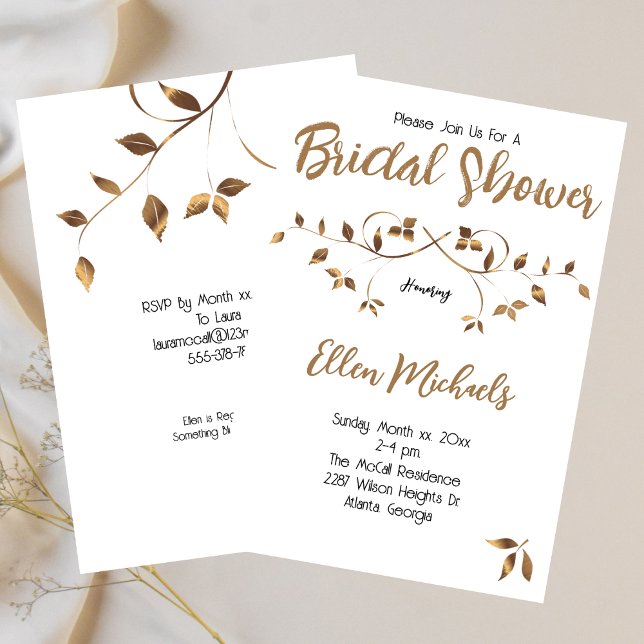 Invitation Fête des mariées Elegant Feuilles or (Bridal Shower Elegant Gold Leaves Invitation)