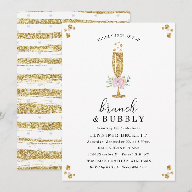 Invitation Fête des mariées élégante Brunch & Bubbly (Devant / Derrière)