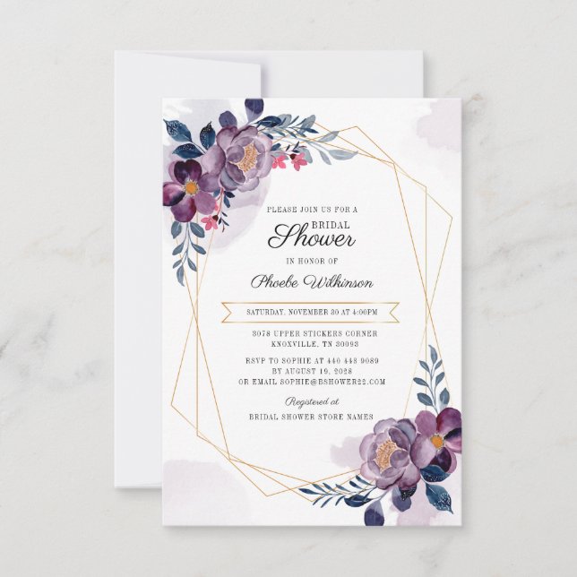 Invitation Fête des mariées élégante de script floral pourpre (Devant)