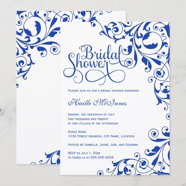 Invitation Fête des mariées élégante Royal Blue Swirls (Devant / Derrière)
