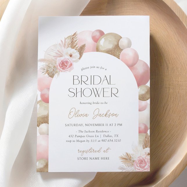 Invitation Fête des mariées en arc de ballon rose Boho Pampas (Créateur téléchargé)