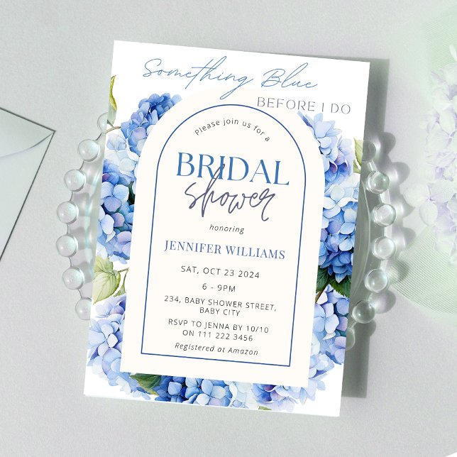 Invitation Fête des mariées en arc floral Blue Hydrangea (Something Blue Before I Do Blue Hydrangea Floral Arch Elegant Romantic Bridal Shower Invitation)