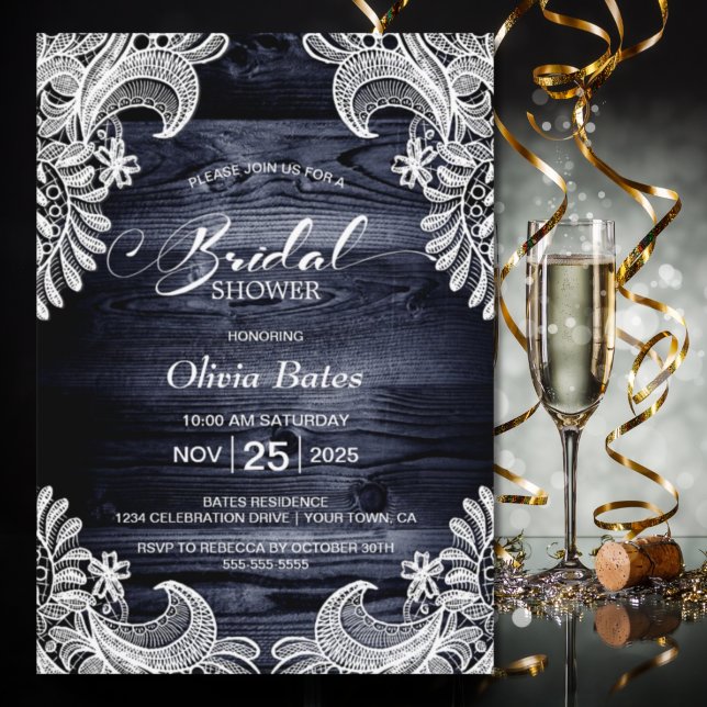 Invitation Fête des mariées en bois bleu dentelle blanche (Créateur téléchargé)