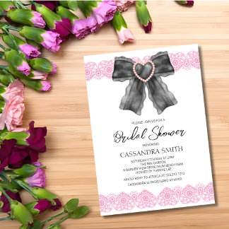Invitation Fête des mariées en dentelle de coeur en ruban noi