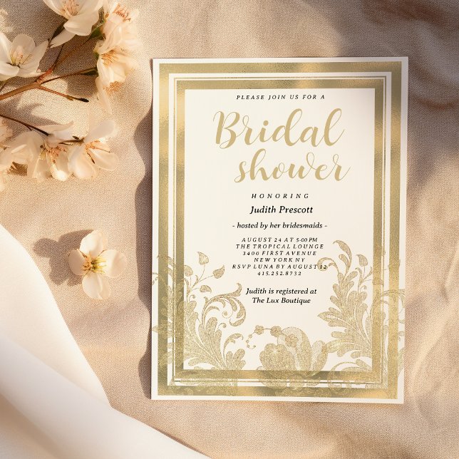Invitation Fête des mariées en dentelle vintage blanche (Vintage white gold floral lace Bridal Shower)