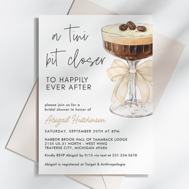 Invitation Fête des mariées en Espresso Martini Bow beige (Beige Bow Espresso Martini Bridal Shower Invitation)