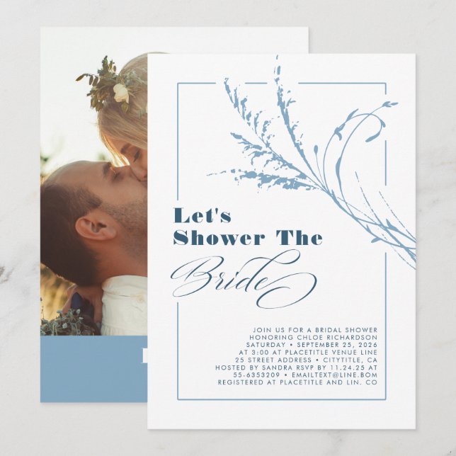 Invitation Fête des mariées en laiton de la Pampas bleu pouss (Devant / Derrière)