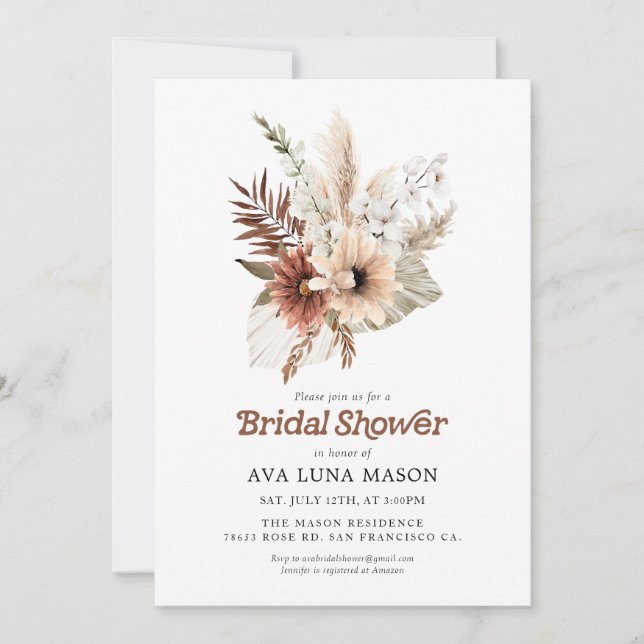 Invitation Fête des mariées en laiton de Pampas de Bohême (Devant)