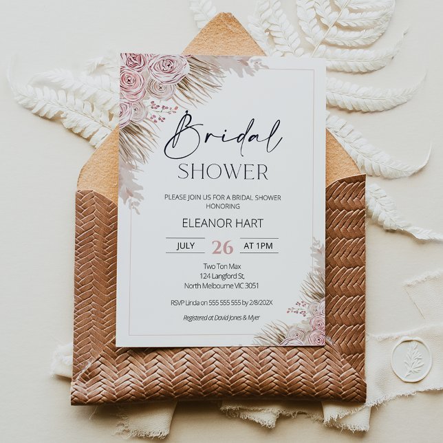 Invitation Fête des mariées en laiton rose beige Boho Pampas (Modern pink and beige boho floral bridal shower invitation with roses and pampas grass.)