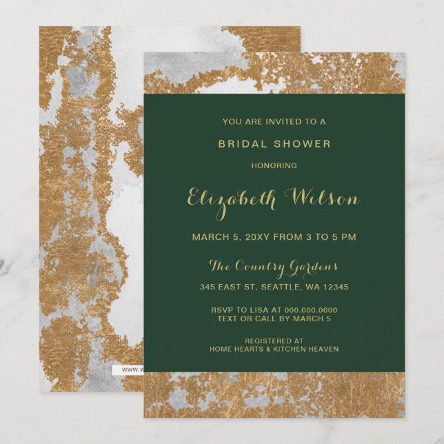 Invitation Fête des mariées en marbre vert et or (Devant / Derrière)