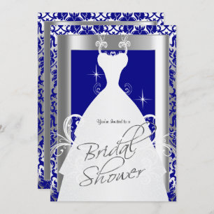 Invitation Fête des mariées en Royal Blue Damask et Argent