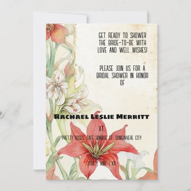 Invitation Fête des mariées Ephémère Lillies blanches et roug (Devant)