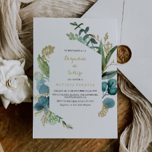 Invitation Fête des mariées espagnole Gold & Green Eucalyptus