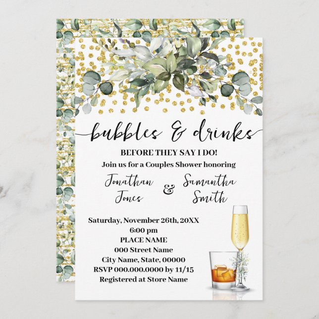 Invitation Fête des mariées Eucalyptus Gold Bubbles & Dracks (Devant / Derrière)