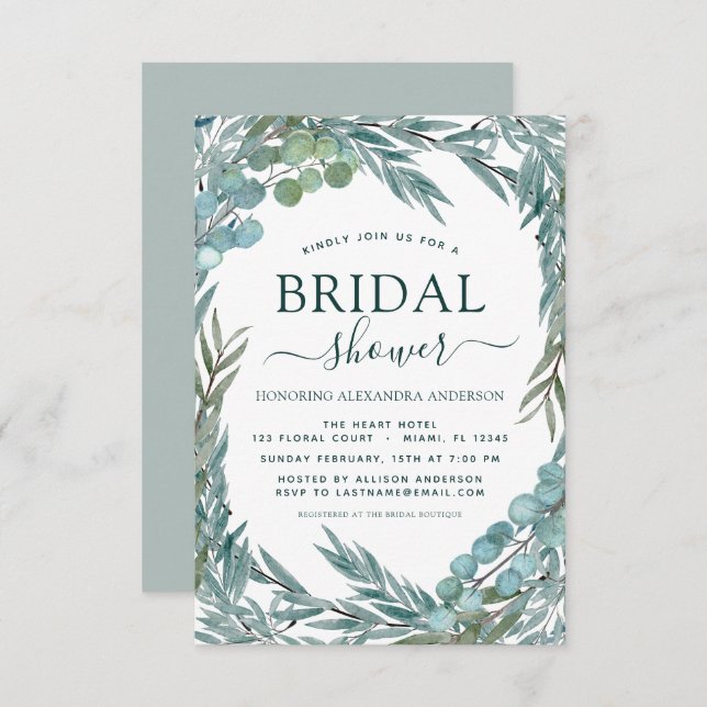 Invitation Fête des mariées Eucalyptus Verdure Aquarelle (Devant / Derrière)
