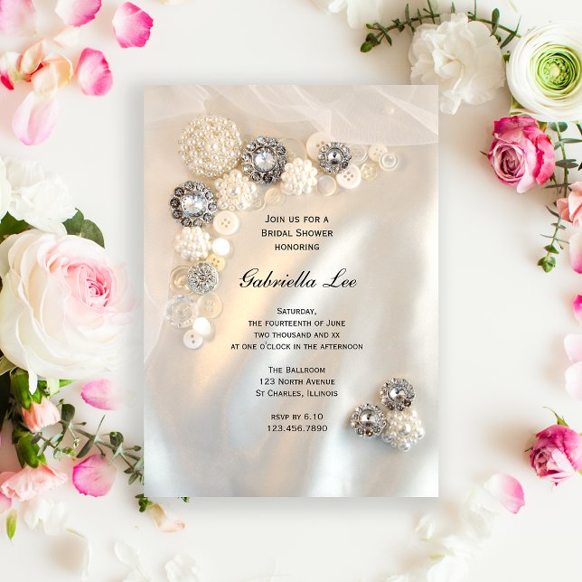 Invitation Fête des mariées Faux White Pearl Diamond Buttons (Créateur téléchargé)