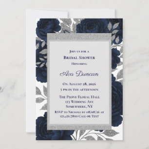 Invitation Fête des mariées Feuille bleu marine et argent