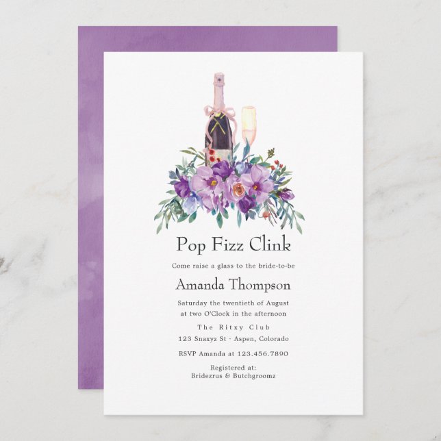 Invitation Fête des mariées Fizz Clink Pop Floral Violet (Devant / Derrière)