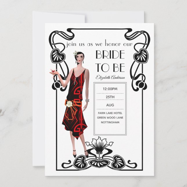 Invitation Fête des mariées Flapper Art Déco Gatsby des année (Devant)