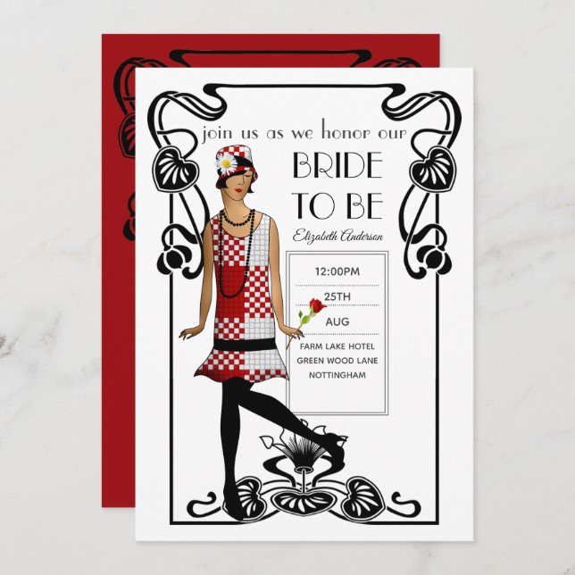 Invitation Fête des mariées Flapper Art Déco Gatsby des année (Devant / Derrière)