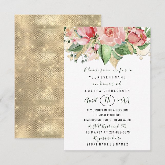 Invitation Fête des mariées Fleur Brunch Monnaie Roses Blush  (Devant / Derrière)