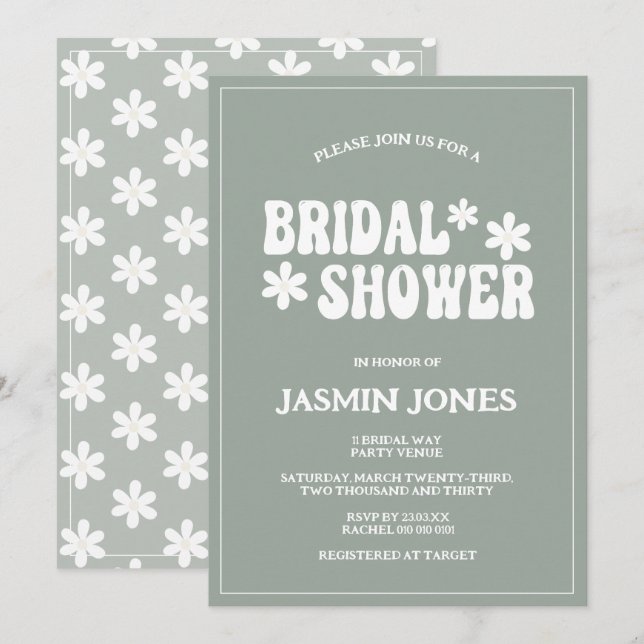Invitation Fête des mariées Fleur Retro Sage Green Daisy (Devant / Derrière)