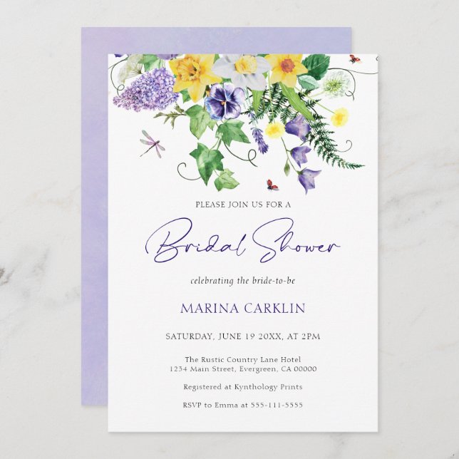 Invitation Fête des mariées Fleur sauvage aquarelle (Devant / Derrière)