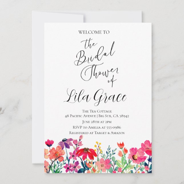 Invitation Fête des mariées Fleur sauvage aquarelle (Devant)