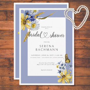 Invitation Fête des mariées Fleur sauvage bleu et jaune rusti