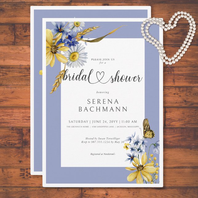 Invitation Fête des mariées Fleur sauvage bleu et jaune rusti (Rustic Blue & Yellow Wildflowers Bridal Shower Invitation)