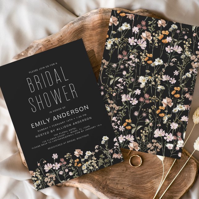 Invitation Fête des mariées Fleur sauvage Boho noir élégant (Créateur téléchargé)