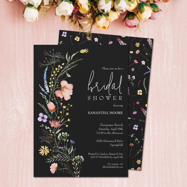 Invitation Fête des mariées Fleur sauvage chic (Wildflower bridal shower black invitations - PRINTED and/or INSTANT DOWNLOAD)