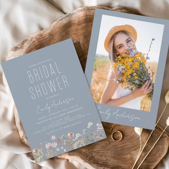 Invitation Fête des mariées Fleur sauvage Dusty Blue Boho Pho (Créateur téléchargé)