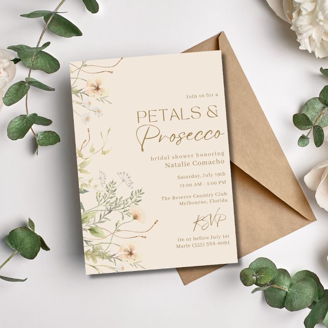 Invitation Fête des mariées Fleur sauvage Petals (Petals Prosecco Wildflower Bridal Shower Party Invitation)