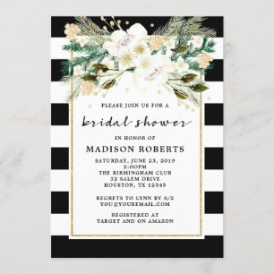 Invitation Fête des mariées Fleurs à rayures noir et blanc