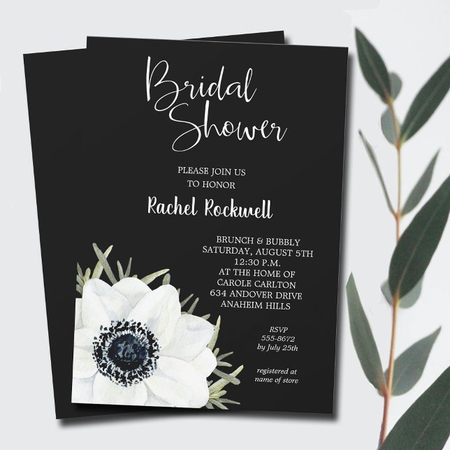 Invitation Fête des mariées Fleurs blanches noires (Black White Flowers Bridal Shower Invitations - INSTANT DOWNLOAD and/or PRINTED)