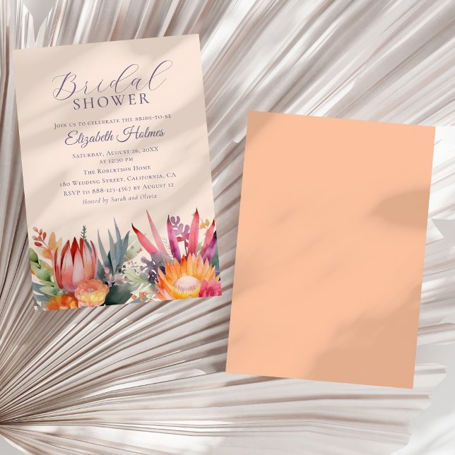 Invitation Fête des mariées Fleurs Tropicales Peach Fuzz (Peach Fuzz Tropical Flowers Bridal Shower Invitation on a sunny white dry palm leaf.)