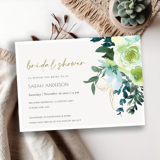 Invitation Fête des mariées floral bleu chic vert (Créateur téléchargé)