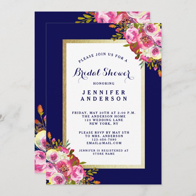 Invitation Fête des mariées floral chic | Marine b (Devant / Derrière)