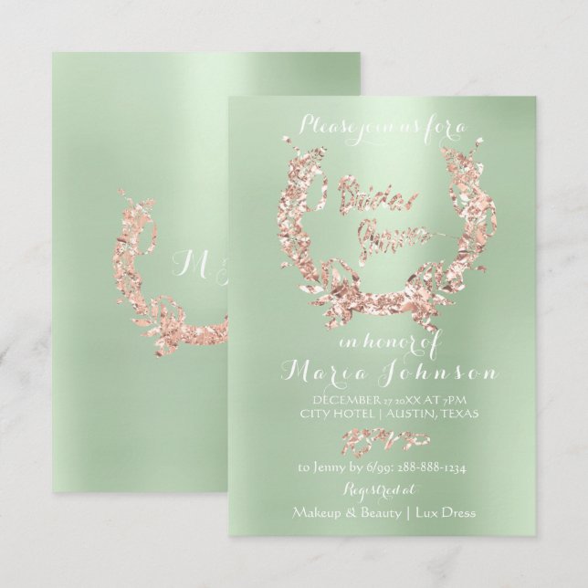 Invitation Fête des mariées Floral Wreath Rose Gold Mint Gree (Devant / Derrière)