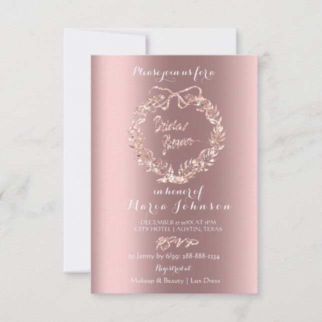 Invitation Fête des mariées Floral Wreath Rose Gold Spark (Devant)